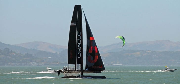 AC 45 and a Kite Sailor in San Francisco Bay