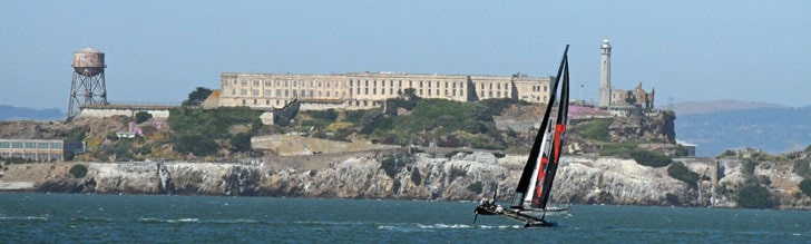 Alcatraz and an AC45 America's Cup Sailboat