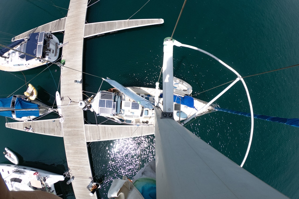 Yacht rigger's view from atop the mast of a yacht in Sausalito