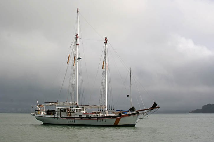 Schooner Chantal at Anchor in Richardson Bay as the Fog Streams In the Gate