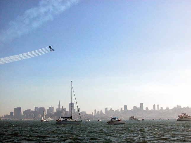 The Blue Angels streaking over San Francisco