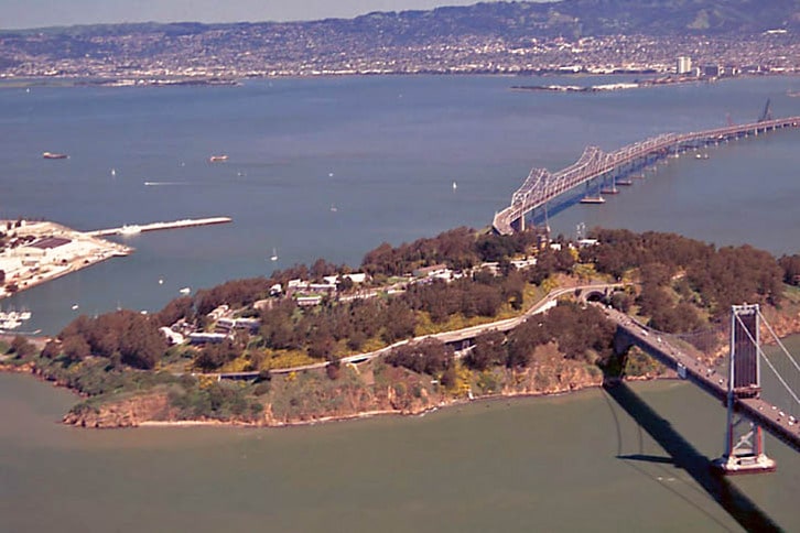 Aerial image of Treasure Island and Clipper Cove in San Francisio Bay