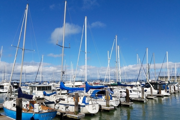 Marina in San Francisco Bay with yachts moored